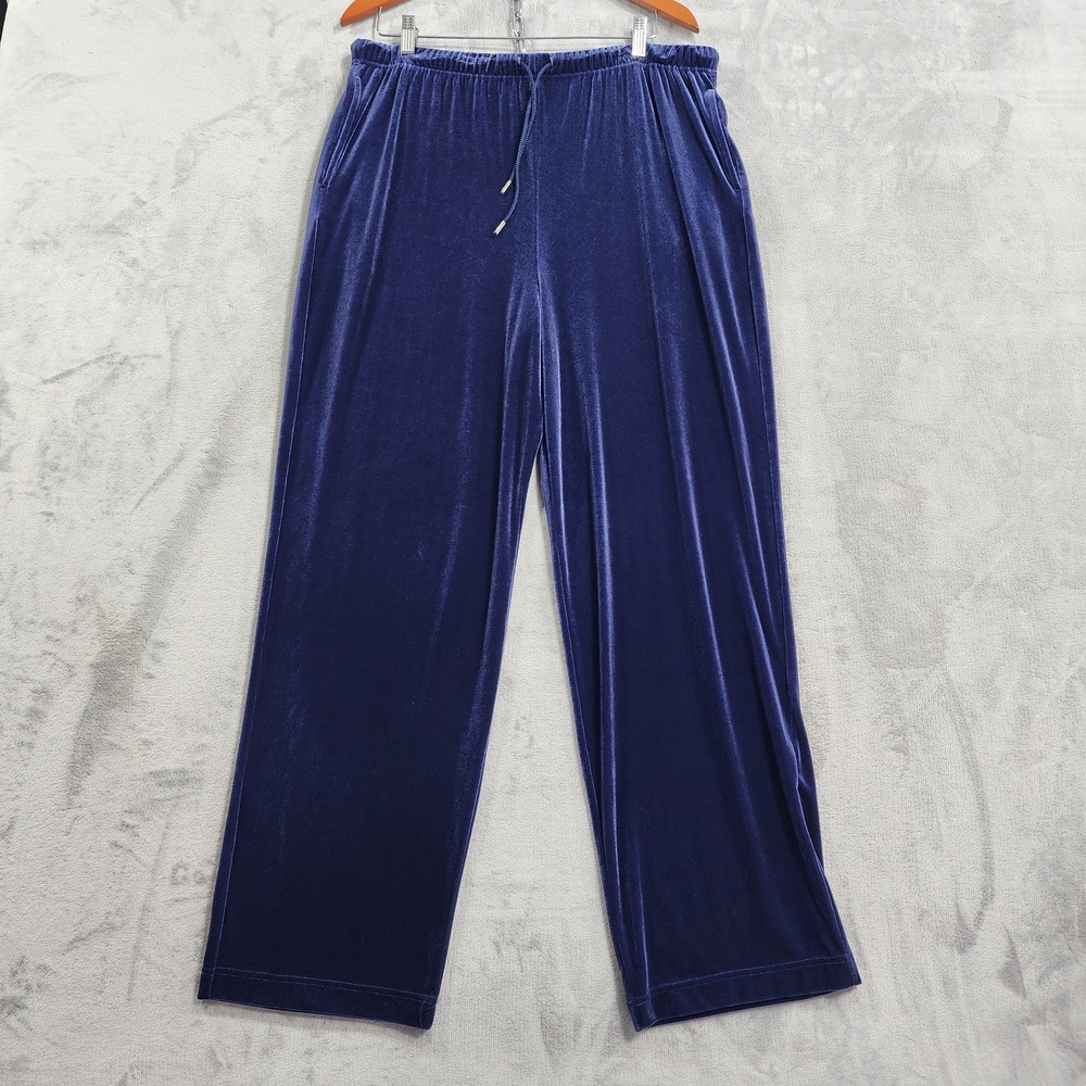 Vintage Sag Harbor Pants Womens L Blue Velvet Straight Leg Pull On Drawstring